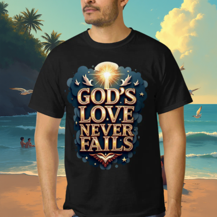 God Love Never Fails Christian T-Shirt - Inspirational faith apparel reminding that God's love is constant and unwavering